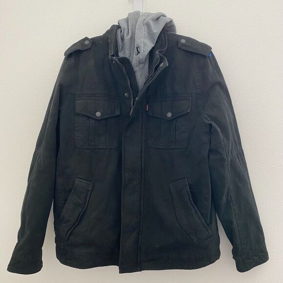 Levis Jacket Mens Medium Black/Gray‎ Cotton Hooded Full Zip Sherpa Lined Pockets - Picture 1 of 16